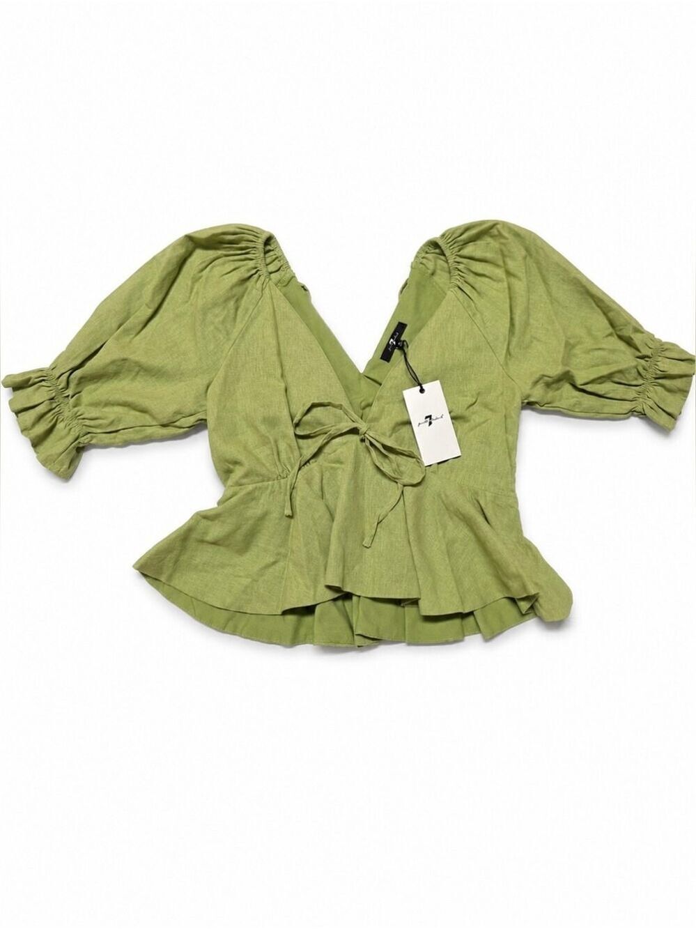 7 For All Mankind Green Linen Blend Puff Sleeve Peplum Top Medium NWT